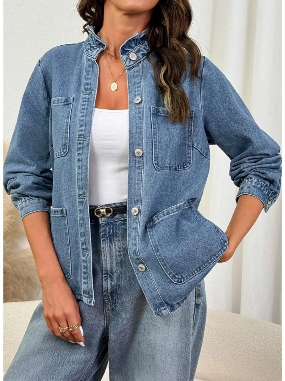 Women's Blue Button Down Ruffle Casual Oversized Cropped Jacket with Pockets